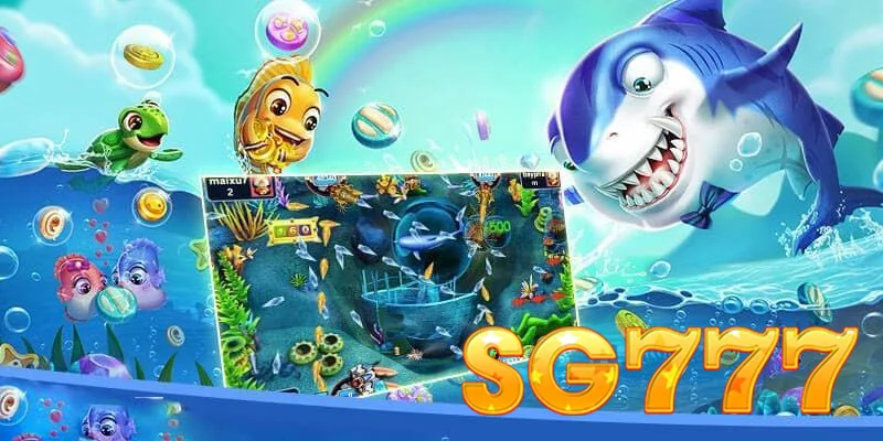 Colourful fish hunter arcade graphic with underwater characters and SG777 branding beside a fish hunter game screen — guide for Filipino players