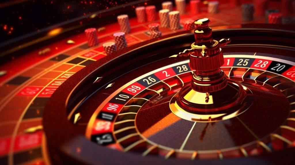 Close-up of a gold roulette wheel and red betting felt with warm casino lighting — live dealer games on SG777