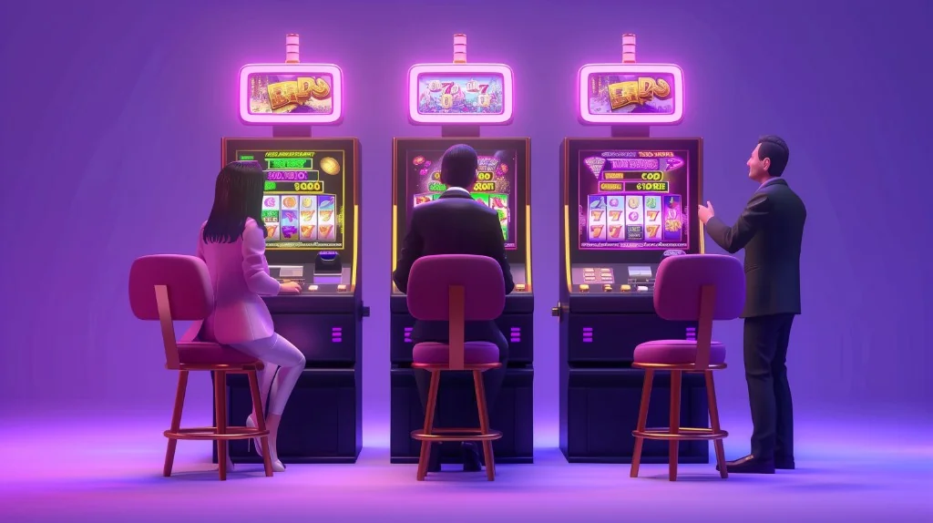 Illustration of players at glowing slot machines in a neon purple casino setting — SG777 slots guide for beginners
