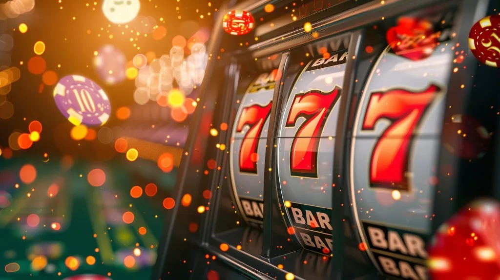 Close-up of a three-reel slot machine showing triple red 7s with casino chips and warm bokeh lights — SG777 daily and weekly bonuses guide