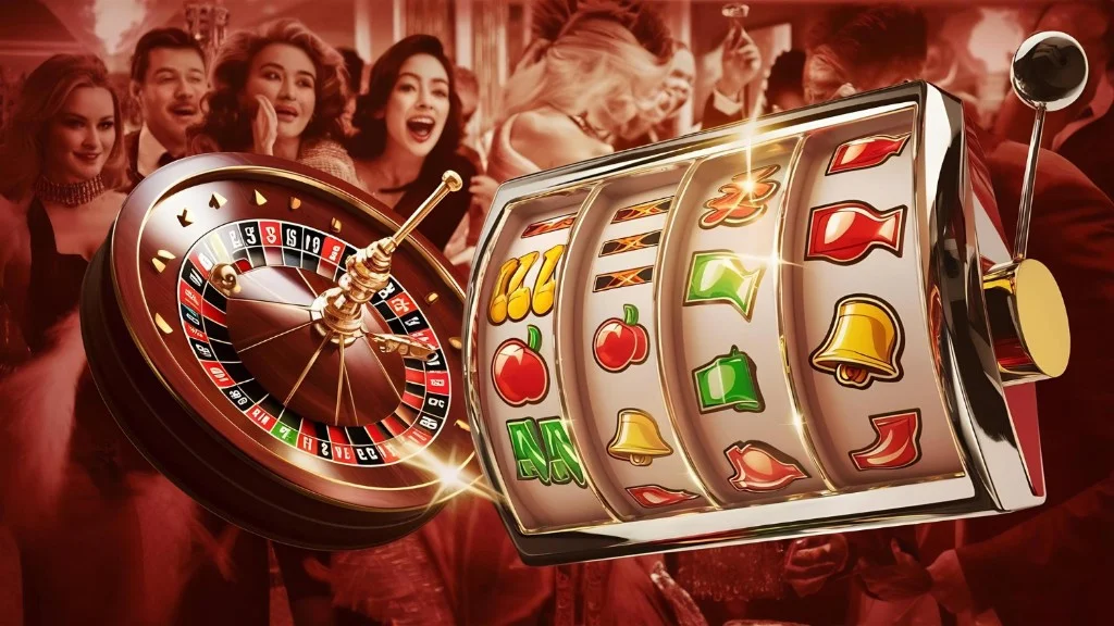 Slot machine and roulette wheel in the foreground with a warm blurred casino crowd in the background — SG777 game types guide